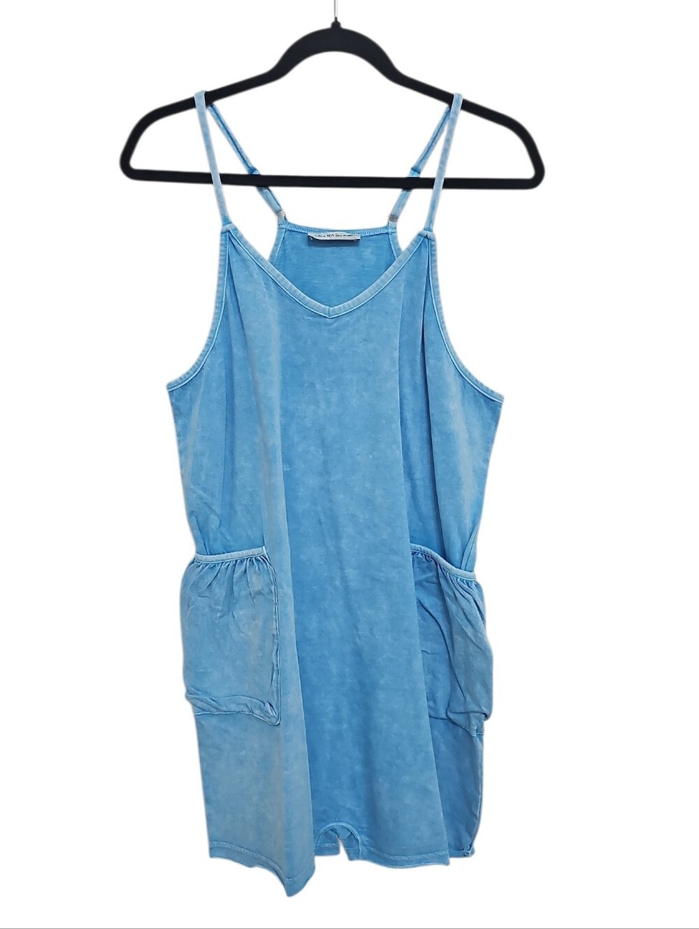 Zenana Blue Washed Tank Romper Dress Size L Cotton Pockets New